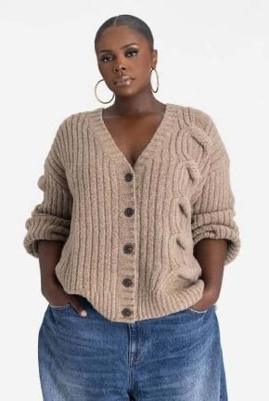KBB by Kahlana Barfield Brown Textured Knit Cardigan Sweater XXL Tan